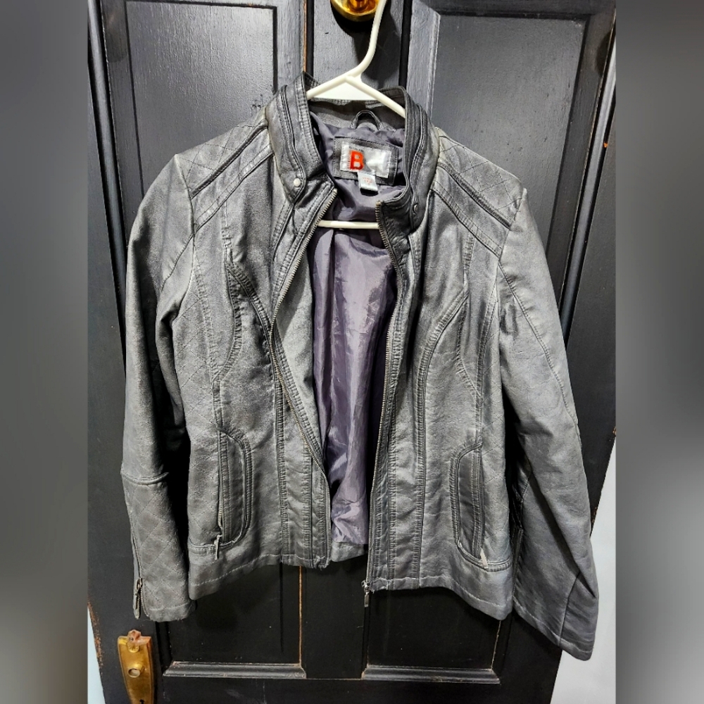Biker Style Gray Fake Leather Jacket